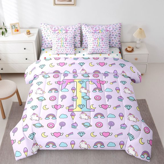 Manfei Cartoon Rainbow Alphabet T 7-Piece Twin Bedding,Sweet Cloud Bedding Comforter Set,Purple,Polkadot Reversible