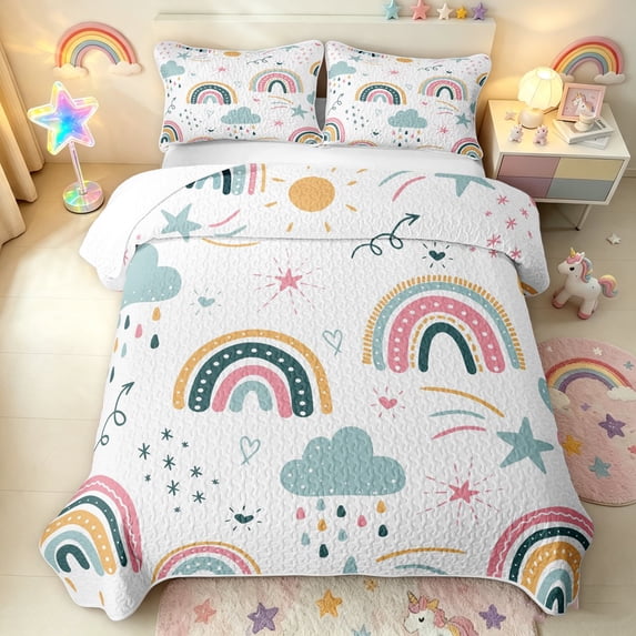 Manfei Cartoon Rainbow Bed Spread Queen, Graffiti Stars Cloud Queen Coverlet Set, White Teal, 3pcs, 1 Quilt and 2 Pillowcases