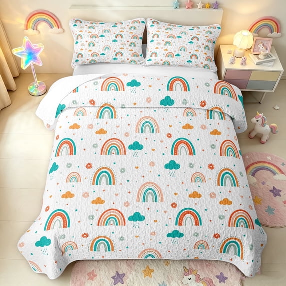 Manfei Cartoon Rainbow Bed Spread Queen, Kawaii Sky Cloud Queen Coverlet Set, White Teal, 3 Pieces, 1 Quilt and 2 Pillowcases