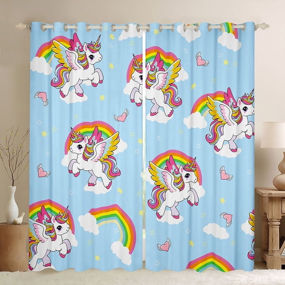 Manfei Cartoon Rainbow Blackout Curtains Set of 2 (52x84 Each),Cute Unicorn Curtain,Blue