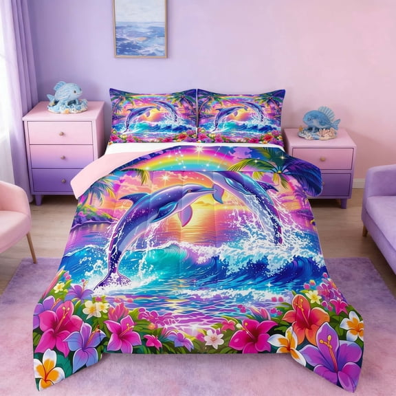 Manfei Cartoon Rainbow Dolphin Full Size Comforter Sets for Kids Boys and Girls, Tropical Beach Bedding Sets, Pink Reversible 3 Pieces, 1 Comforter and 2 Pillowcases