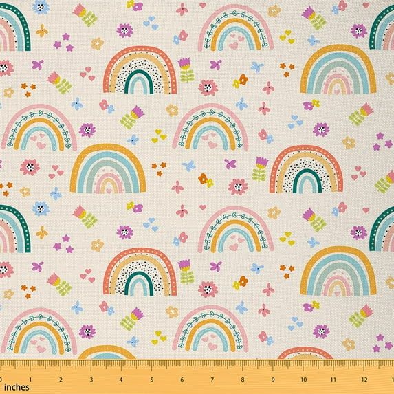 Manfei Cartoon Rainbow Fabric by the Yard 3 Yards for Girls, Colorful Blossoms Fabric for Sewing, Kawaii Light Yellow Home Decor Fabric by the Yard, Microfiber Bedroom Decor