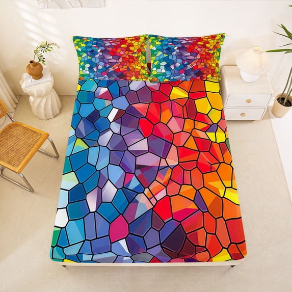Manfei Cartoon Rainbow Fitted Sheet Full, Tribal Abstract Bed Set, Blue Red, 3 Pieces, 1 Fitted Sheet and 2 Pillowcases