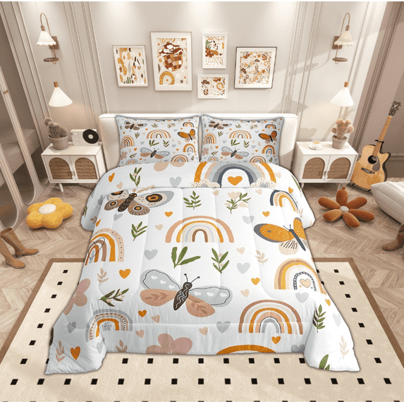 Manfei Cartoon Rainbow Full Size Comforter Sets, Butterfly Leaf Bedding Sets
