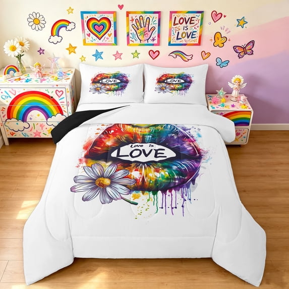 Manfei Cartoon Rainbow Full Size Comforter Sets, Rustic Groovy Daisy Bedding Comforter Set, White Blue, Black Reversible, 3pcs, 1 Comforter and 2 Pillowcases