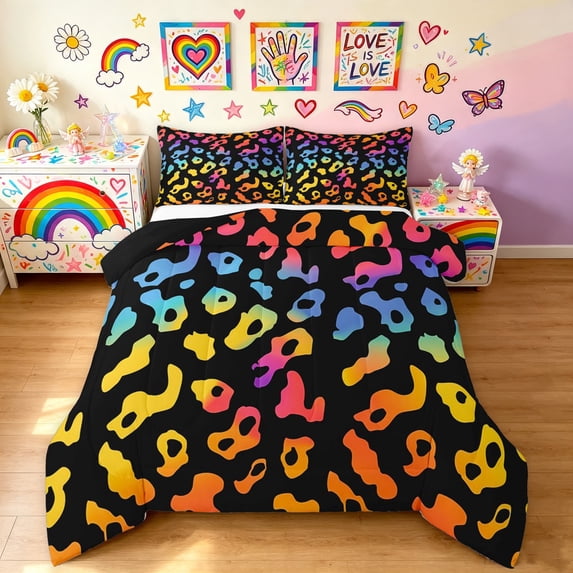 Manfei Cartoon Rainbow King Size Comforter Sets, Ink Leopard Print Comforters King Size, Black Orange, Black Reversible, 3pcs, 1 Comforter and 2 Pillowcases