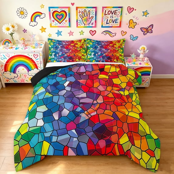 Manfei Cartoon Rainbow Queen Comforter Set, Tribal Abstract Comforter Sets Queen, Blue Red, Black Reversible, 3 Pieces, 1 Comforter and 2 Pillowcases