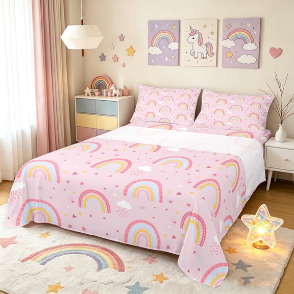 Manfei Cartoon Rainbow Queen Sheets, Cute Love Heart Stars Queen Sheet Sets, Pink, 4pcs, 1 Flat Sheet, 1 Fitted Sheet and 2 Pillowcases