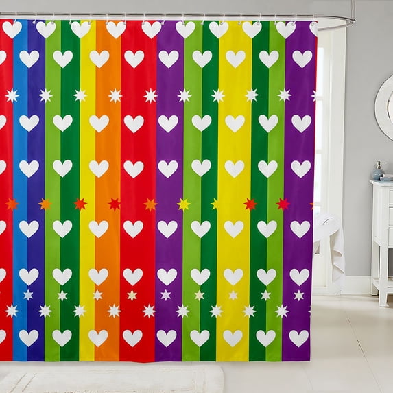 Manfei Cartoon Rainbow Shower Curtain 72Wx72L, Graffiti Stripes Love Heart Bathroom Curtain, Rainbow Multicolor