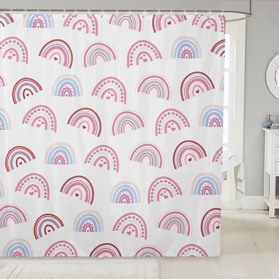 Manfei Cartoon Rainbow Shower Curtain 72Wx78L, Cute Love Heart Bath Curtain, White Purple
