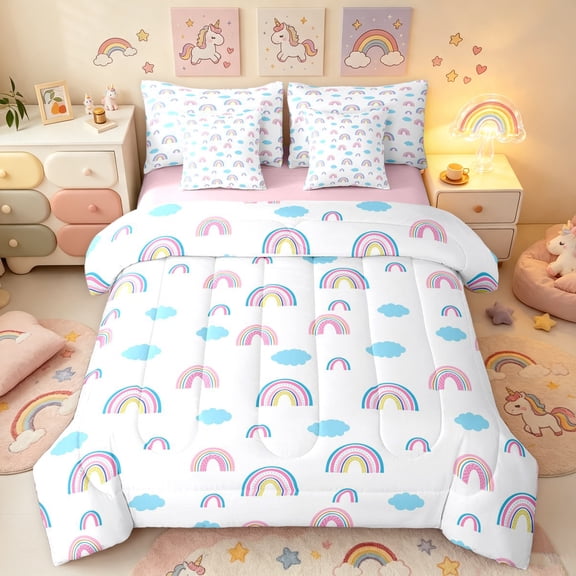 Manfei Cartoon Rainbow Twin Bedding, Cute Galaxy Cloud Bedding Comforter Set, Pink Blue, Pink Reversible, 7pcs