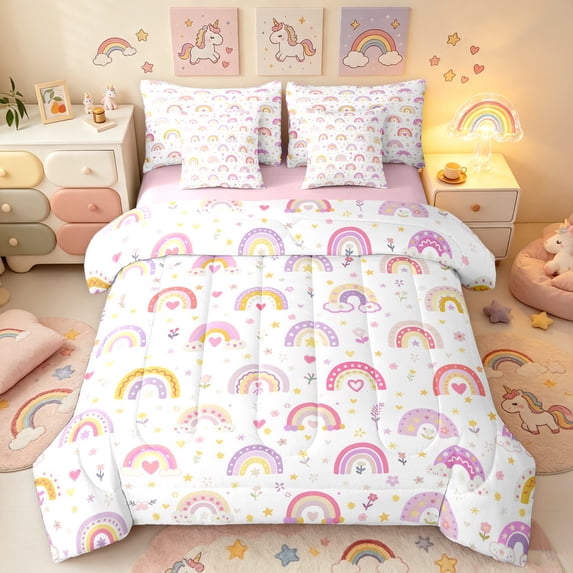 Manfei Cartoon Rainbow Twin Bedding, Floral Love Heart Bedding Comforter Set, White Pink, Pink Reversible, 7-Piece