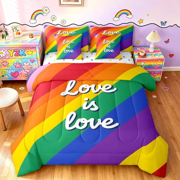 Manfei Cartoon Rainbow Twin Bedding, Letter Love is Love Bedding Comforter Set, Multicolor, Polkadot Reversible, 7 Pieces