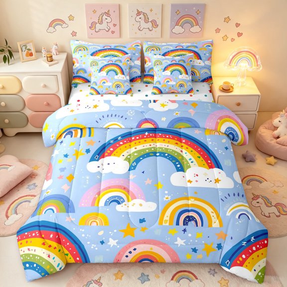Manfei Cartoon Rainbow Twin Bedding, Star Cloud Print Bedding Comforter Set, Blue, Polkadot Reversible, 7 Pieces