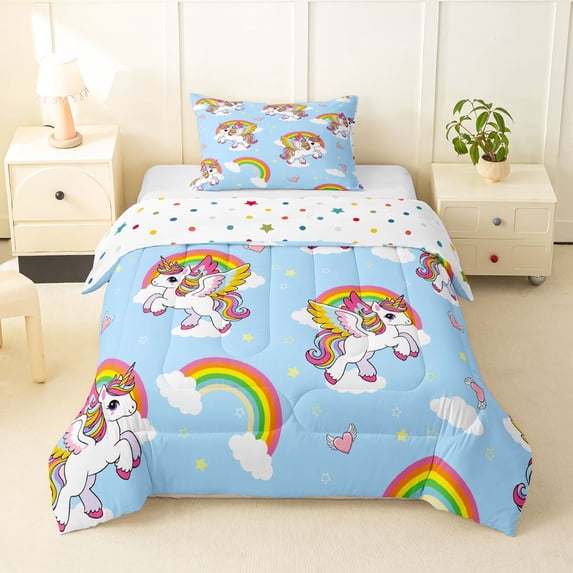 Manfei Cartoon Rainbow Twin Comforter Sets,Cute Unicorn Bedding Set,Blue,Polkadot Reversible,2 Pieces,1 Comforter and 1 Pillowcase