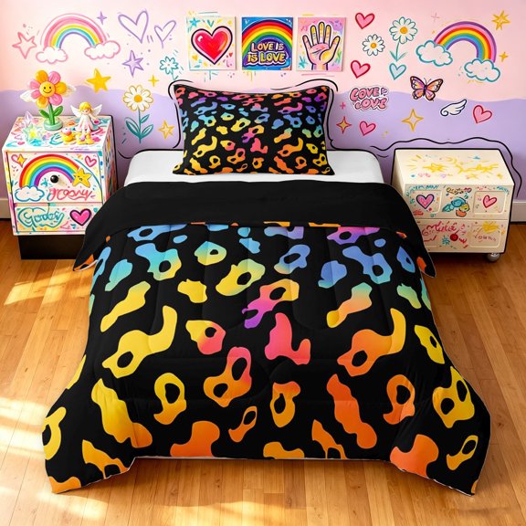 Manfei Cartoon Rainbow Twin Comforter Sets, Ink Leopard Print Bedding Set, Black Orange, Black Reversible, 2pcs, 1 Comforter and 1 Pillowcase