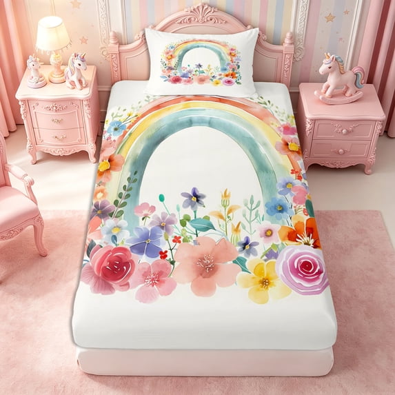 Manfei Cartoon Rainbow Twin Fitted Sheet 2 Pieces,Watercolor Flowers Bedding,1 Fitted Sheet and 1 Pillowcase