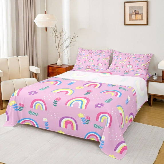 Manfei Cartoon Rainbow Twin Sheet Sets 3pcs for Kids Children,Dreamy Princess Twin Fitted Sheet Microfiber,Cute Floral Flower Breathable Flat Sheet,Ultra Soft Home Decor