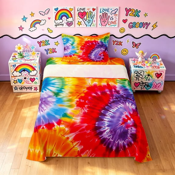 Manfei Cartoon Rainbow Twin Sheets, Ink Tie Dye Bedding, Red Orange, 3pcs, 1 Flat Sheet, 1 Fitted Sheet and 1 Pillowcase