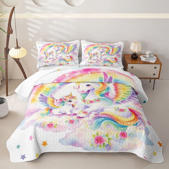 Manfei Cartoon Rainbow Unicorn Quilt Full,Dreamy Stars Flower Full Bedspread Sets,Pastel Multicolor,3-Piece
