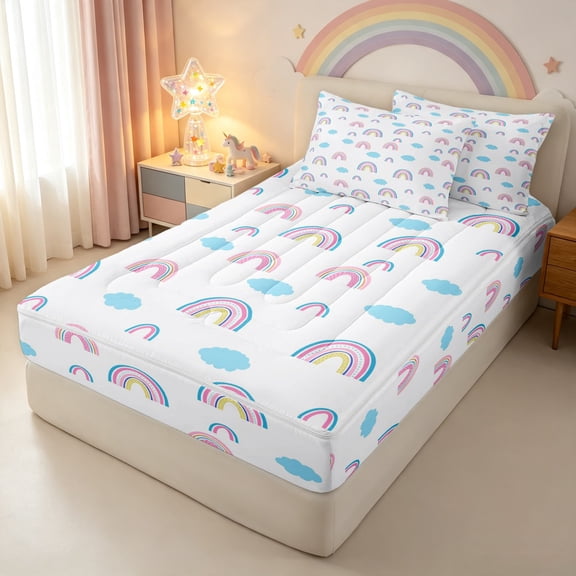 Manfei Cartoon Rainbow Zipper Twin Comforter Sets with Fitted Sheet and 2 Pillowcases, Cute Galaxy Cloud Zipper Bedding Set, Pink Blue, Pink Reversible, 4pcs