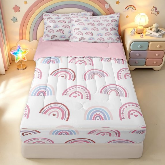 Manfei Cartoon Rainbow Zipper Twin Comforter Sets with Fitted Sheet and 2 Pillowcases, Cute Love Heart Zipper Bedding Set, White Purple, Pink Reversible, 4 Pieces