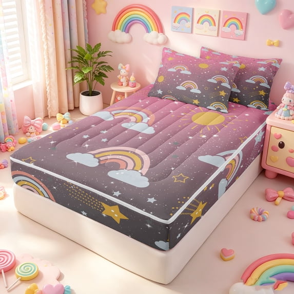 Manfei Cartoon Rainbow Zipper Twin Comforter Sets with Fitted Sheet and 2 Pillowcases, Glitter Starry Sky Zipper Bedding Set, Pink Gray, Stars Reversible, 4-Piece