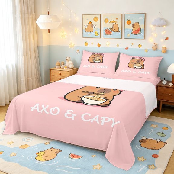Manfei Cartoon Ramen Capybara Queen Sheets, Kawaii Animal Queen Sheet Sets, Pink Brown, 4pcs, 1 Flat Sheet, 1 Fitted Sheet and 2 Pillowcases