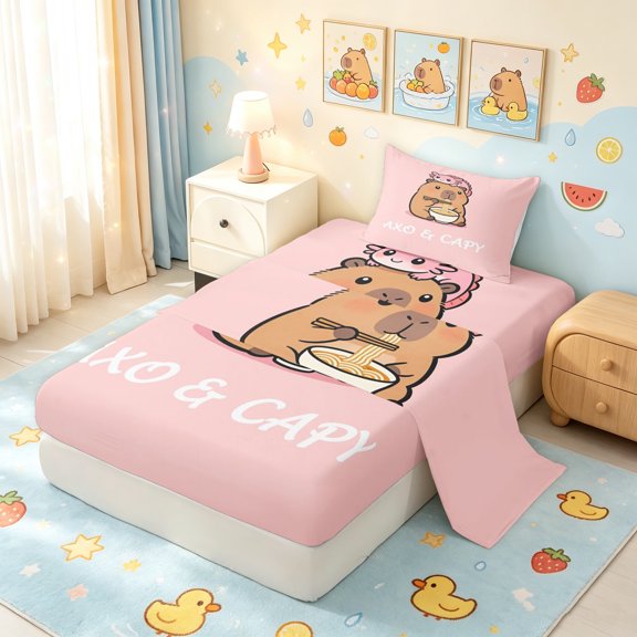 Manfei Cartoon Ramen Capybara Twin Sheets, Kawaii Animal Bedding, Pink Brown, 3pcs, 1 Flat Sheet, 1 Fitted Sheet and 1 Pillowcase