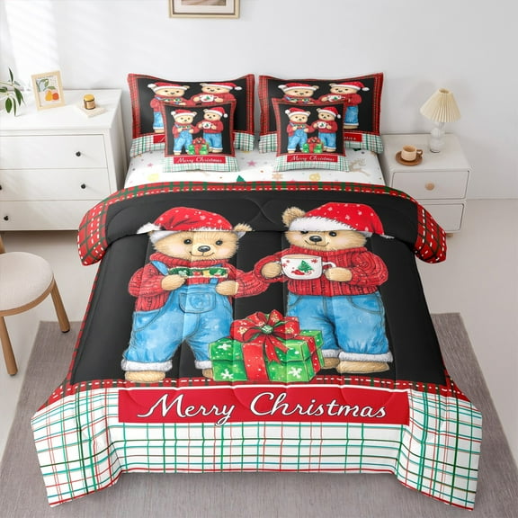 Manfei Cartoon Red Bear Child Twin Bedding Sets 7-Piece, Merry Christmas Bedding Comforter Set, Stripes Plaid Buffalo Reversible Sheet Sets, Ultra Soft Home Decor