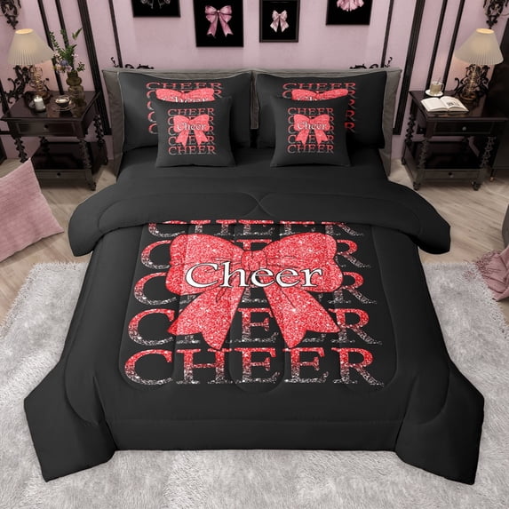 Manfei Cartoon Red Bowknot 7-Piece Bedding Comforter Set for Female Girls Child,Gradient Bling Glitter King Bedding Sets,Cheer Team Ultra Soft Bed Sheets,Super Cozy Room Decor,Reversible