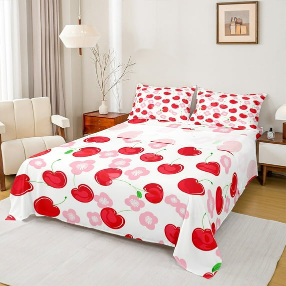 Manfei Cartoon Red Cherry Bed Sheets for Kids, Kawaii Cherry Blossoms King Sheets, Cute Fruit Sheet Set, Microfiber Bedroom Decor, 4-Piece