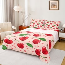 Homewish Cartoon Red Cherry Twin Sheet Sets for Teens, Yummy Summer Fruit Twin Fitted Sheet, Kawaii Love Heart Flat Sheet, Super Cozy Room Decor, 3pcs