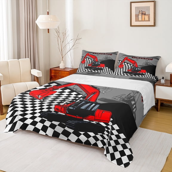 Manfei Cartoon Red Truck Twin Sheet Sets for Kids, Construction Vehicle Twin Fitted Sheet, Grey Checkereed Plaid Flat Sheet, Luxury Bedroom Decor, 3 Pieces