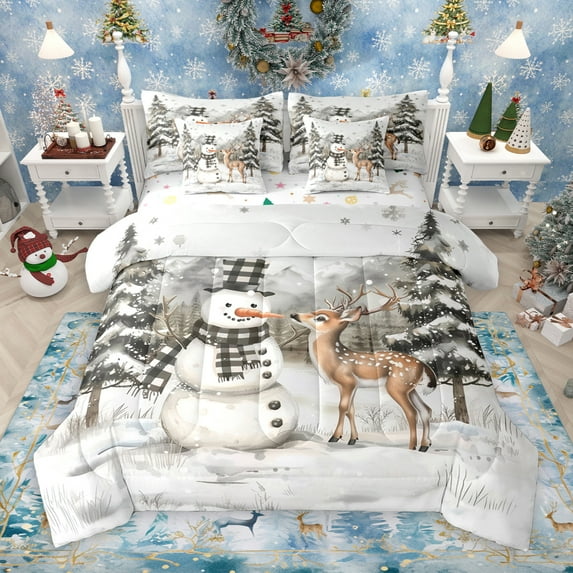Manfei Cartoon Reindeer 7-Piece Twin Bedding Sets,Christmas Snowman Bedding Comforter Set,White Brown Green Sheet Sets For Teens,Super Cozy Room Decor Reversible
