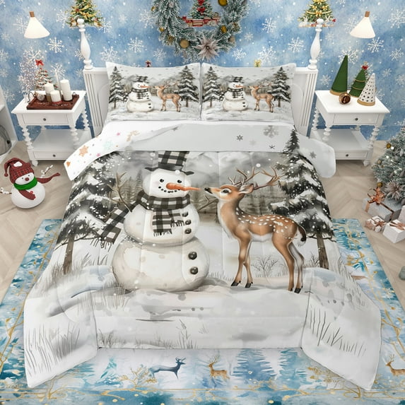 Manfei Cartoon Reindeer Bedding Comforter Set,Christmas Snowman Twin Comforter Sets,White Brown Green Bedding Set For Teens,Super Cozy Room Decor Reversible,2pcs