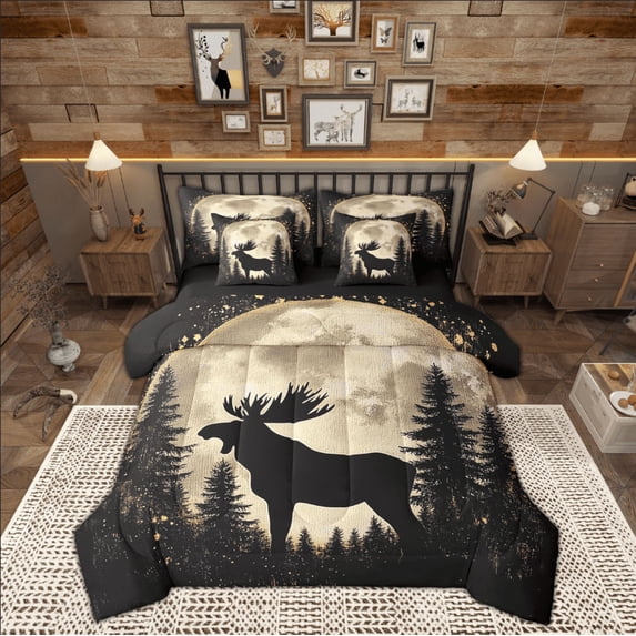 Manfei Cartoon Reindeer Print Bedding Comforter Set 7 Pieces for Teen, Rustic Farmhouse Full Bedding Set, Jungle Wildlife Reversible Fitted Sheet Flat Sheet, Luxury Bedroom Decor