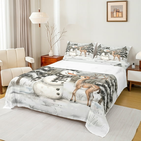 Manfei Cartoon Reindeer Twin Sheet Sets,Christmas Snowman Twin Fitted Sheet,White Brown Green Flat Sheet For Teens,Super Cozy Room Decor,3pcs