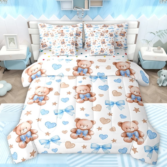 Manfei Cartoon Ribbon Bear Bedding Comforter Set 7pcs for Kids, Princess Blue Bow-tie King Bedding Sets, Kawaii Stars Print Reversible Bed Sheets, Microfiber Bedroom Decor