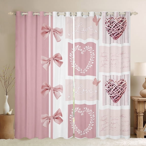 Manfei Cartoon Ribbon Bow Blackout Curtains Set of 2 (52x84 Each) for Kids, Pink Dreamy Butterfly Window Curtains, Princess Love Heart Curtains and Drapes, Window Curtains Decor