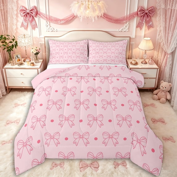 Manfei Cartoon Ribbon Bow Knot Full Size Comforter Sets 3 Pieces for Kids Girls,Cute Polka Dots Bedding Sets for Teens Female,Pink Reversible,Super Cozy Room Decor