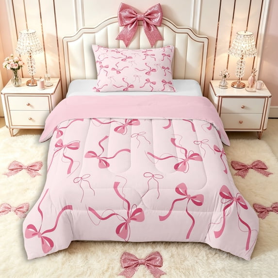 Manfei Cartoon Ribbon Bow Knot Twin Comforter Sets 3-Piece for Kids Girls,Cute Princess Bowtie Bedding Set for Teens Female,Pink Reversible,Lightweight Room Decor
