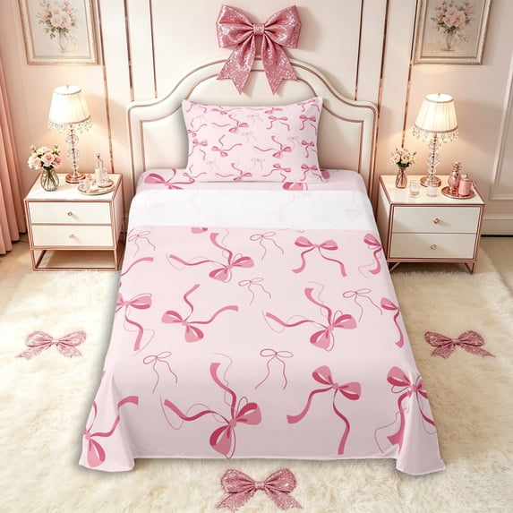 Manfei Cartoon Ribbon Bow Knot Twin Sheet Sets 3pcs for Kids Girls,Cute Princess Bowtie Bedding for Teens Female,Lightweight Room Decor