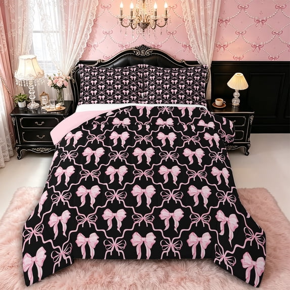Manfei Cartoon Ribbon Bowknot Queen Comforter Set 3pcs for Kids Teens,Kawaii Bow Plaid Bedding Comforter Set for Girls,Pink Reversible,Luxury Bedroom Decor