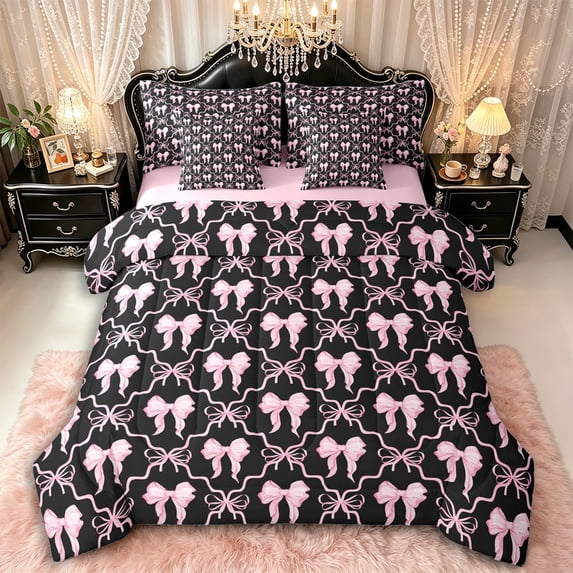 Manfei Cartoon Ribbon Bowknot Twin Bedding Sets 7-Piece,Kawaii Bow Plaid Bedding Comforter Set,Pink Reversible,Luxury Bedroom Decor