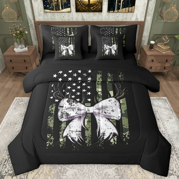 Manfei Cartoon Ribbon Bowknot Twin Bedding Sets 7-Piece for Teens, Rustic Camouflage Bedding Comforter Set, Vintage US Flag Reversible Sheet Sets, Ultra Soft Bedroom Decor
