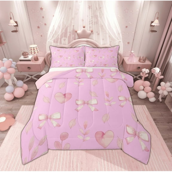 Manfei Cartoon Ribbon Teens Bedding Comforter Set, Kawaii Pink Floral Twin Comforter Sets, Princess Bowknot Bow Reversible Bedding Set, Luxury Bedroom Decor, 2 Pieces