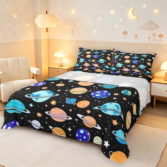 Manfei Cartoon Ringed Planets Queen Sheets,Cute Stars Dots Queen Sheet Sets,Blue Orange,4-Piece,1 Flat Sheet,1 Fitted Sheet and 2 Pillowcases