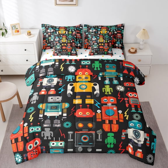 Manfei Cartoon Robot 7pcs Bedding Comforter Set,Teens Robot Queen Bedding Sets,Red Black Queen Sheet Sets For Boys Kids,Microfiber Bedroom Decor Reversible