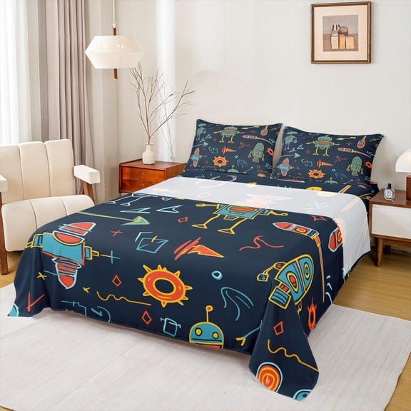 Manfei Cartoon Robot Bed Sheets,Cute Graffiti Rocket King Sheets,Orange Teal Black Sheet Set For Boys Kids,Breathable Home Decor,4-Piece